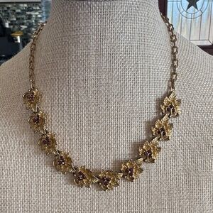 Vintage Gold Leaf Necklace with Purple Stone Details